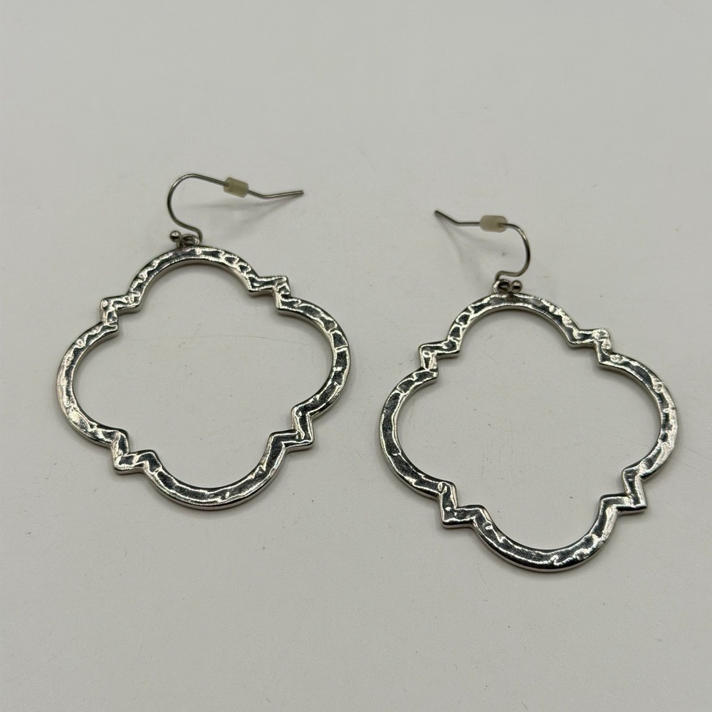 Silver Tone Hammered Quatrefoil Dangle Earrings Large Boho Statement Jewelry